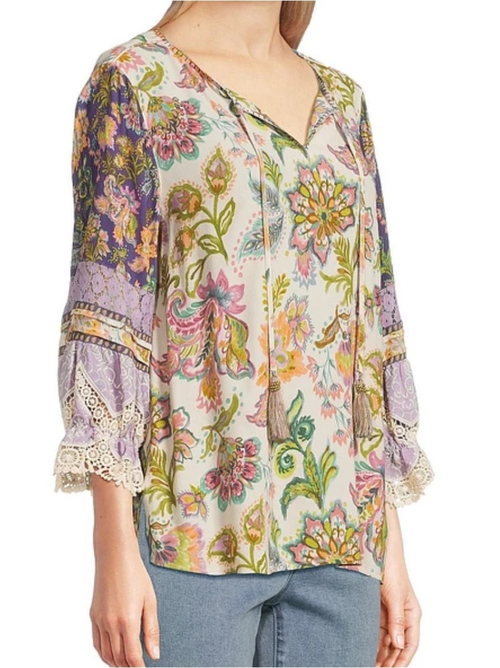 John Mark Floral Lace-Trim Boho Blouse